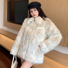 cold weather outfits JazzHer 2024 Winter New Fox Fur Jacket Women's Cropped High-End Youth Style Faux Fur Age-Reduction Explosion Top Real Leather Coat