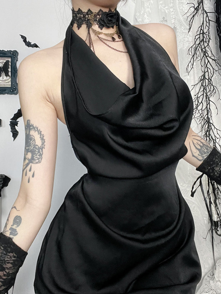 JazzHer Elegant Dark Gothic Party Dress Women Fairycore Grunge Aesthetic Halter Sleeveless High Waist Halter Midi Dress Female