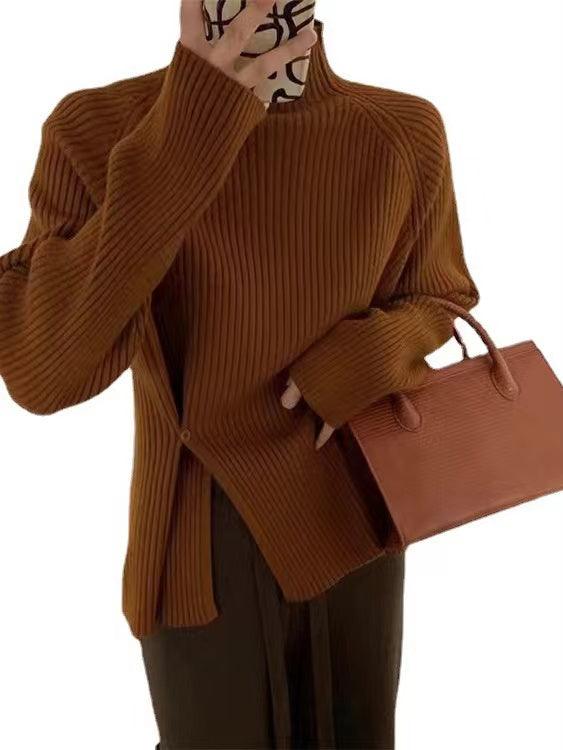 JazzHer 2024 Fall Fashion Loose Buttoned Turtleneck Sweater