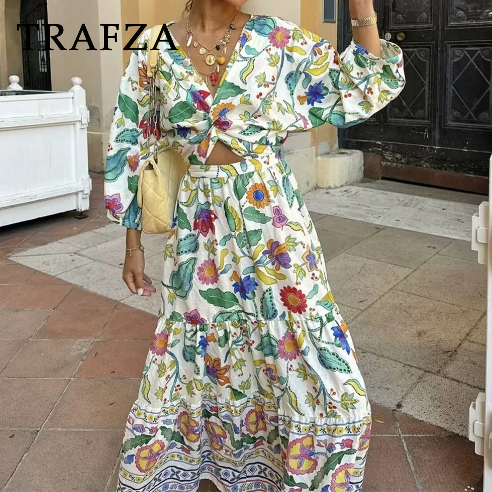 cold weather outfits JazzHer 2024 Spring Summer Bohemian Women Dresses Fashion Vintage Print V Neck Raglan Sleeve Loose Hollow Out Ladies Dresses