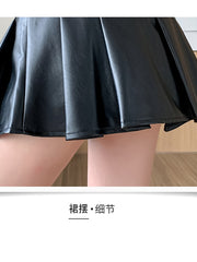 christmas outfit JazzHer Women Leather Skirts Vintage Female Streetwear Korean High Waist Fashion Y2k Black Gothic Punk Silver A-line Pleated Mini Skirt
