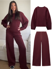 JazzHer Solid Top Pants Women 2 Pieces Set Casual O-neck Long Sleeve Pleated Tops Wide Leg Trouser 2025 Spring Lady New In Matching Sets