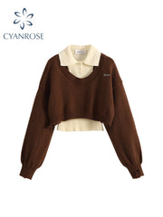 christmas outfit JazzHer Women Two-piece Set Coffee Pullover Sweater Aesthetic Y2k Elegant Vintage Long Sleeves Knitted Jumper Sweater 2000s Clothes 2025