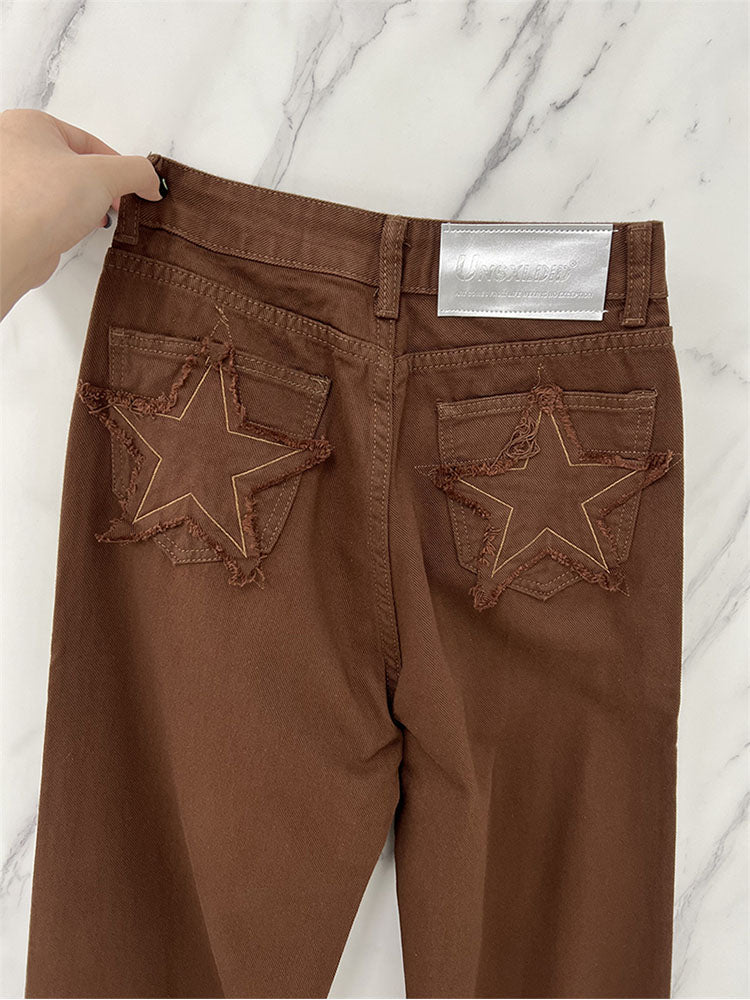 christmas outfit JazzHer Women's Wide Leg Jeans Star Pocket Vintage Straight Pants High Waist Baggy Streetwear Casual Brown Denim Trouser Ladies 2025