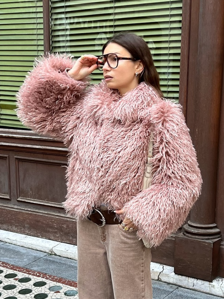 JazzHer Elegant Pink Women's Cropped Warm Faux Fur Jacket Fashion Winter Thermal Long Sleeve Fluffy Coats New Ladies Chic Street Outwear