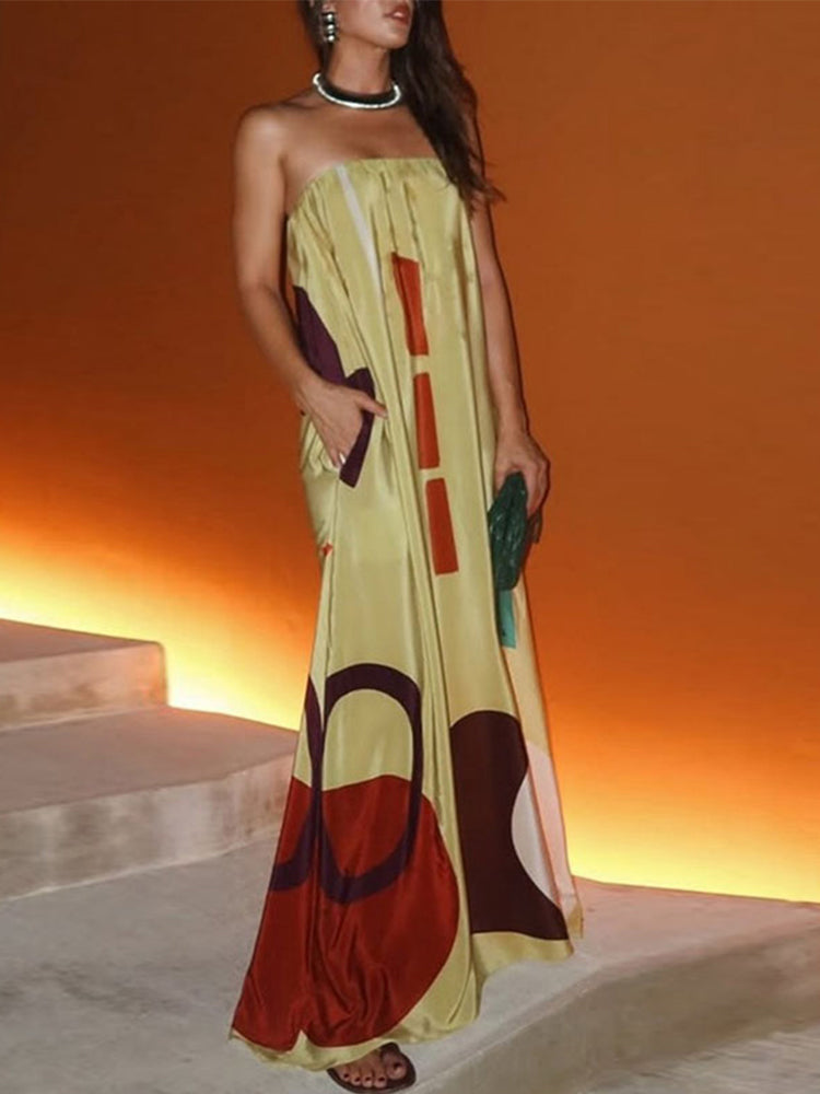 JazzHer Casual Vacation Printed Long Dresses For Women Strapless Backless Pockets Loose Robe 2025 Summer Bohemian Lady Party Vestidos