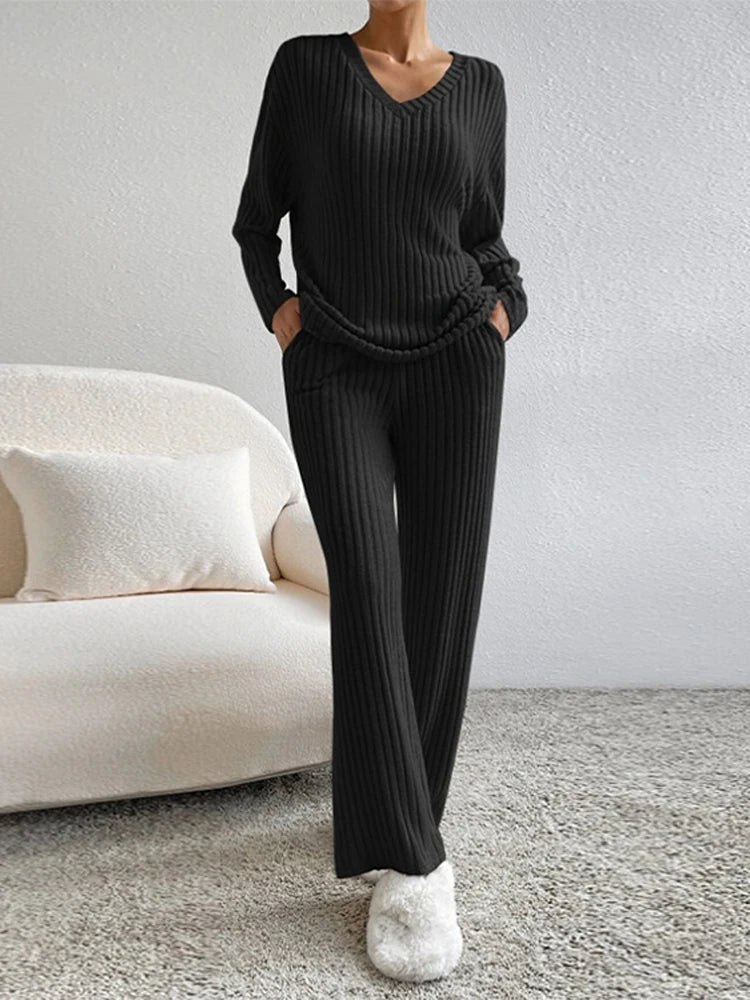 thanksgiving outfit JazzHer Casual Knitted Ribbed Pants Sets Women Solid Loose V Neck Long Sleeve Pullover Long Trousers 2024 Autumn New in Matching Outfits