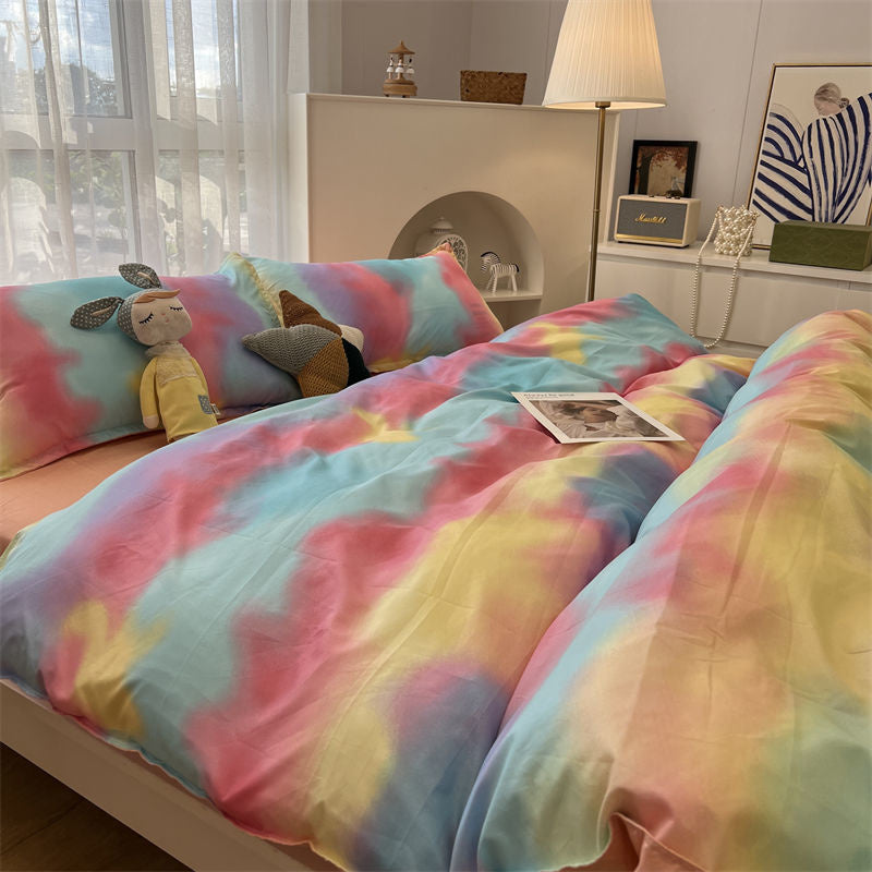 JazzHer INS Tie-dye Gradation Bedding Set Korean Style Girls Boys Double Size Flat Sheet Duvet Cover Pillowcase Bed Linen Home Textile