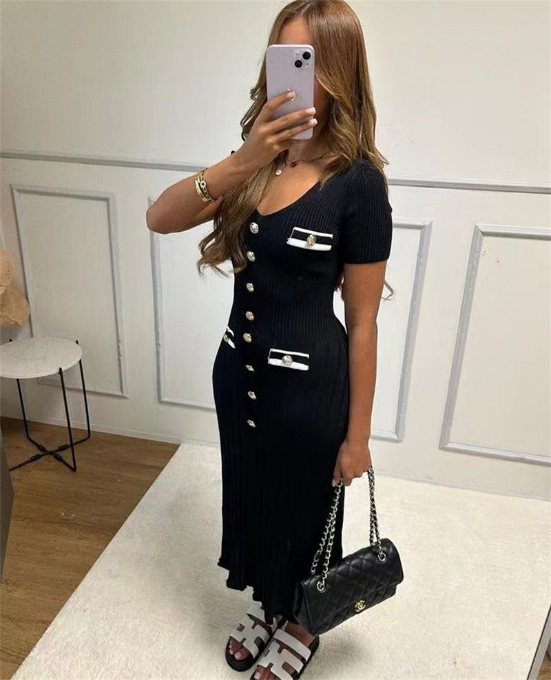 JazzHer Office Lady Elegant Knitted Long Dress Summer Short Sleelve V Neck Single Breasted Bodycon Dresses Women Party Fashion Vestidos