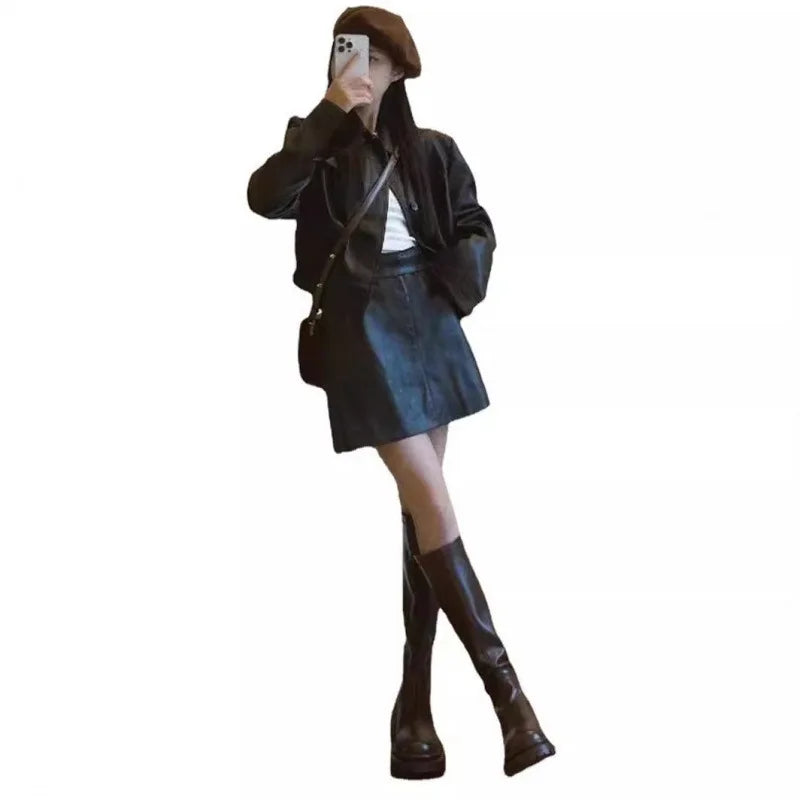 cold weather outfits JazzHer Vintage American Style Leather Jacket And Skirt Set Two-Piece Autumn/Winter Outfit Coordination Complete Set Women's Fashion