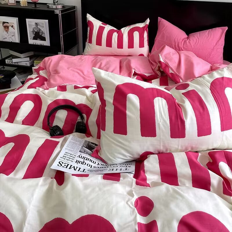 JazzHer Korean Style Pink Letter Bedding Set Flat Bed Sheet Pillowcase Twin Full Queen Size Bed Linen Women Girls Duvet Cover No Filling