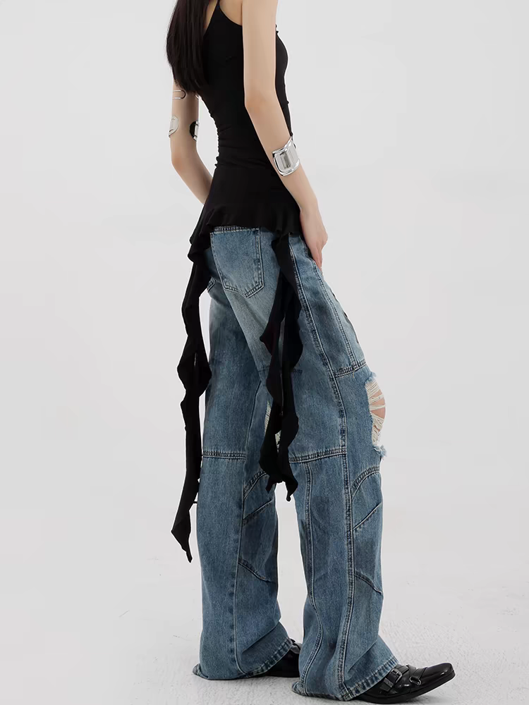 christmas outfit JazzHer Women's Blue Y2k Ripped Jeans Harajuku Japanese 2000s Style 90s Aesthetic Baggy Denim Trousers Vintage Jean Pants Trashy Clothes