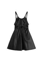 christmas outfit JazzHer Pu Faux Leather Sexy Black Spaghetti Strap Mini Dresses Women High Waist Hollow Out Design Backless Loose Party Club Midi Frocks