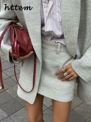 JazzHer Elegant Woolen Blazer Mini Skirt Sets Women Lapel Long Sleeve Coats Short A-line Skirts 2024 Autumn Lady Chic Office Outfits