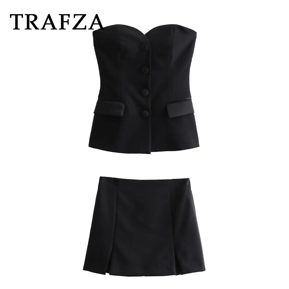 cold weather outfits JazzHer 2024 Spring Summer Sexy Solid Women Suits Fashion Strapless Sleeveless Single Breasted Tops+Folds Mini Shorts Skirts