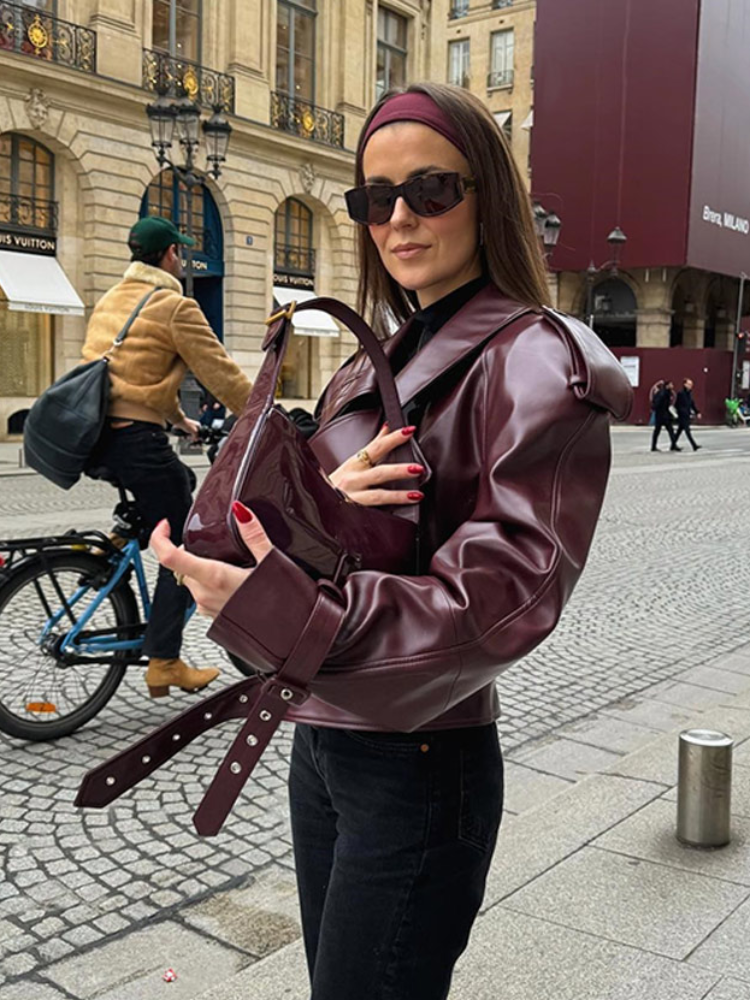 JazzHer 2024 Chic Wine Red Women's Lapel Leather Jacket Fashion Belted Long Sleeves Cropped Biker Coat Autumn Female New High Streetwear