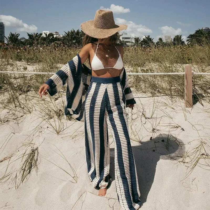 JazzHer Casual Knit Stripe Pants Sets Women Loose Lapel Button Shirt Wide Leg Hollow Out Pant 2024 Summer Lady Fashion Beach Outfits New