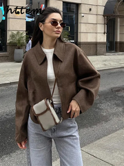 JazzHer Casual Solid Short Woolen Jacket Women Vintage Lapel Long Sleeve Zipper Crop Coats 2024 Autumn Lady Cozy High Street Outwears