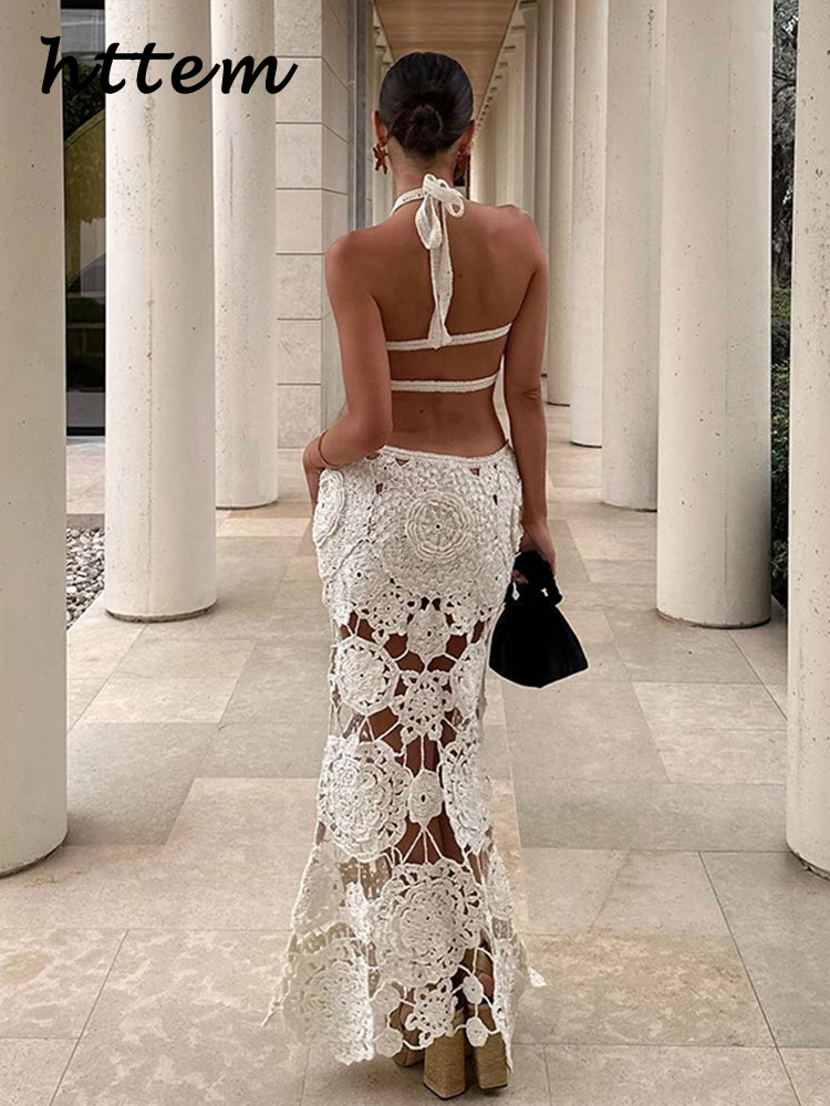 JazzHer Sexy Crochet Floral Hollow Out Long Dress Women Halter Backless Lace Up Female Beach Dresses 2024 Summer Lady Holiday Party Robe