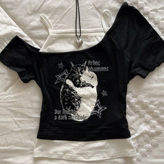 JazzHer Retro pattern Flower Print Sexy Slim Top Fake Two Design Sense Top Women Y2k Millenial Retro Halter T-Shirt Fake Two