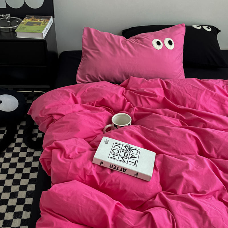 JazzHer Ins Style Nordic Bedding Set No Filling Duvet Cover Pillowcase with Cute Eye Embroidered Solid Color Single Queen Size Bed Linen