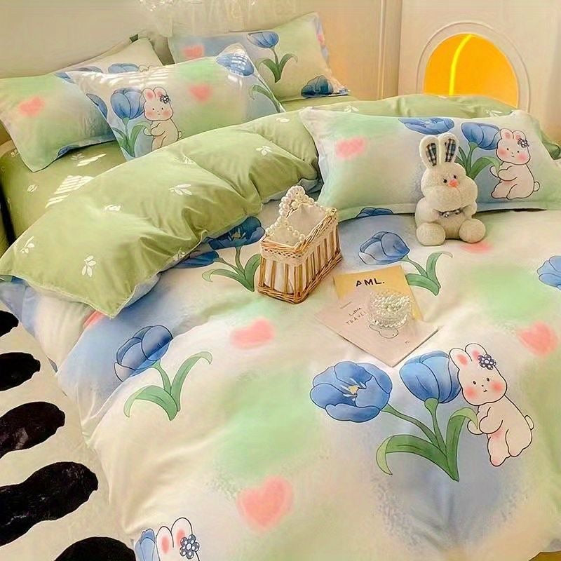 JazzHer Ins Blue Flower Duvet Cover Set Soft Flat Sheet Quilt Cover Pillowcase Bed Linen Girls Twin Queen Full Size Fashion Bedding Sets