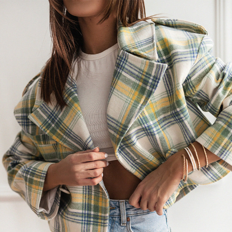 JazzHer Vintage Plaid Short Coats Women Loose Lapel Single Breasted Long Sleeve Female Jackets 2024 Autumn Lady Fashion Commute Outwear