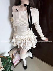 JazzHer Autumn Winter Sweet Fashion Skirt Suit Woman Elastic Bow Knitted Sweater Tops + Y2k High Waist Mini Skirt 2 Piece Set 2025 New