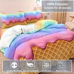 JazzHer 3pcs Vibrant Rainbow Ice Cream Wafer Cone Duvet Cover Set - Soft, Breathable, and Comfortable Bedding for Bedroom, Dormitory