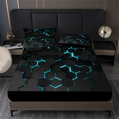 JazzHer Blue 3D Hexagonal Honeycomb Geometry Print Fitted Sheet Set Column Mosaic Art Neon Mattress Covers Bedding Set With Deep Pocket