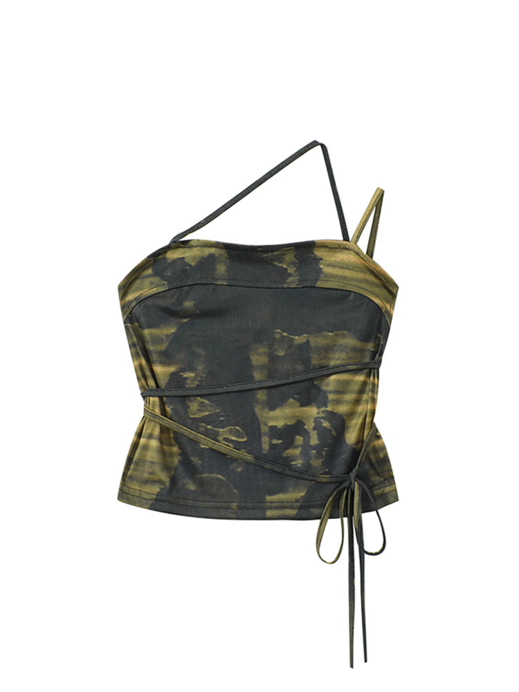 christmas outfit JazzHer 2025 Summer New Design Print Suspender Top Women's Sexy Bodycon Crop Tops Camouflage Bandage Female Retro Off Shoulder Camisole