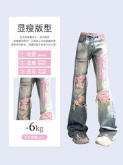 christmas outfit JazzHer Women's Vintage Blue Ripped Jeans Baggy Denim Trousers 2000s High Waist Korean Y2k Streetwear Female Punk Wide Leg Pants Clothes