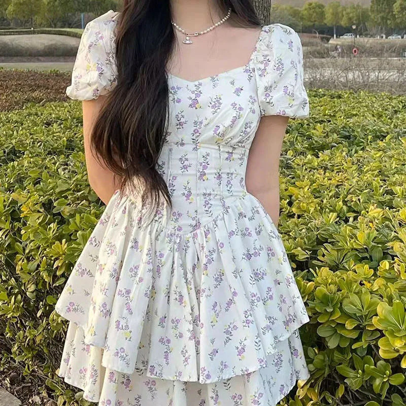 JazzHer Puff Sleeve Floral Corset Mini Dress