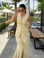 JazzHer Elegant Sleeveless Vest Half Skirt Suit Women Slim V-neck Single Breasted Tank Top Split Skirts 2024 Summer Solid 2 Pieces Sets