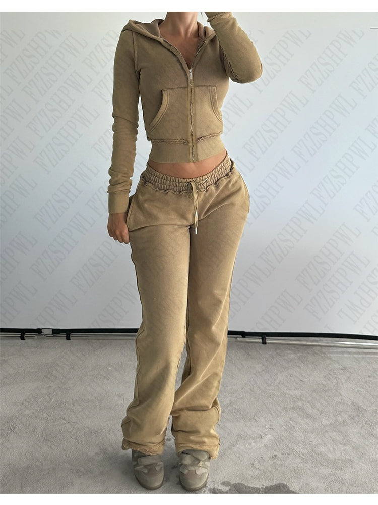 JazzHer Y2K Aesthetic Women's Outfits Casual Solid Chic Crop Zipper Hoodie vintage Emo Girls American Style Harajuku Trousers streetwear