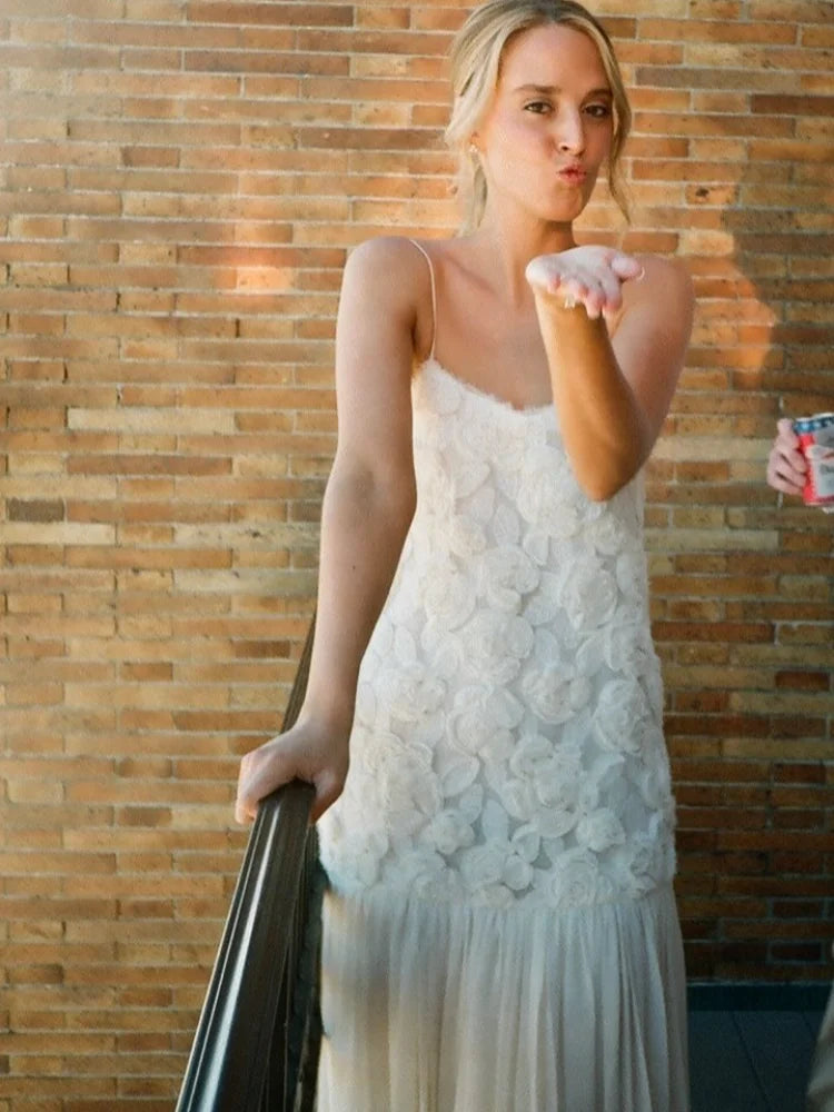 JazzHer 2025 Summer Fashion White Slim Sleeveless Robe Lady Printed Flower Pleated Hem Sling Dress Woman Chic Vacation Beach Sea Dresses