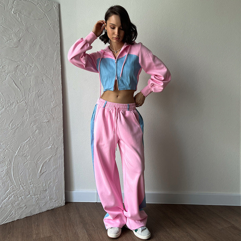 JazzHer Women's Hoodies Crop Top Wide Leg Pants Suits Y2K Pacthwork Zipper Lady Sweatshirt Autumn Fashion Korean Sportswear Streetwear