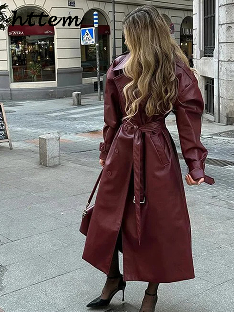 JazzHer Vintage Women's Long Leather Jacket With Belt Lapel Double Breasted Pocket Overcoat 2024 Autumn Winter Lady Street Outerwear New