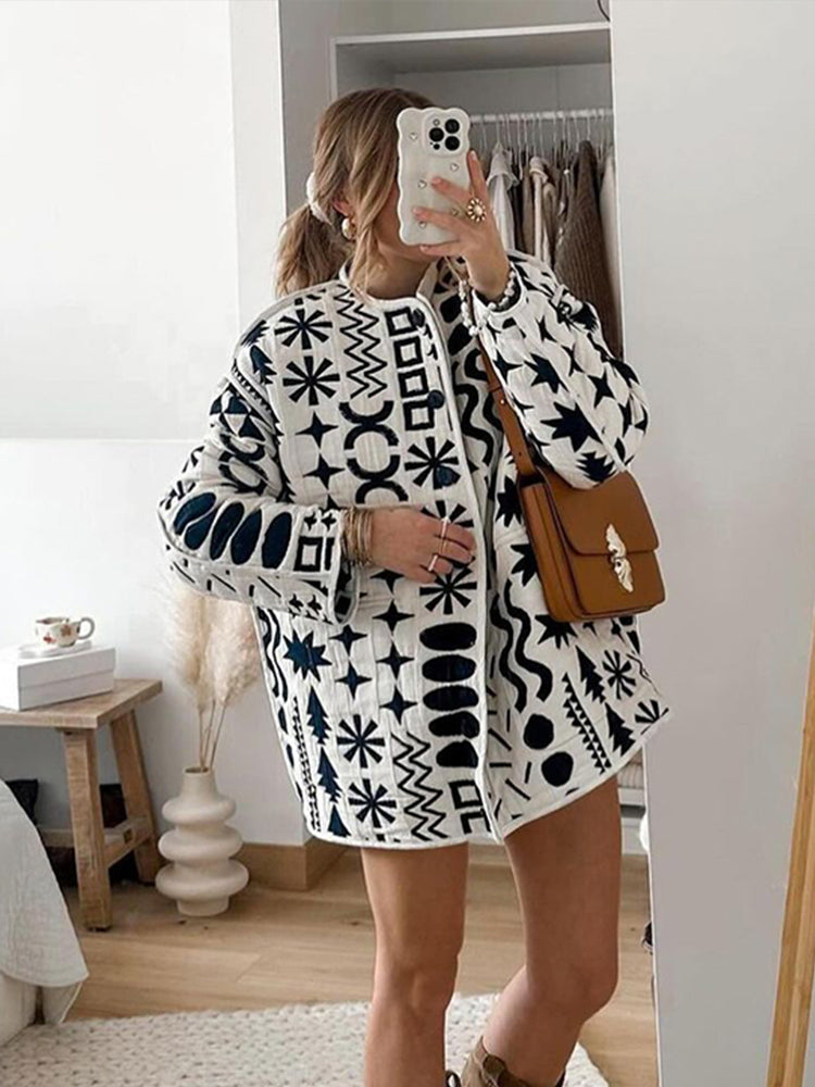 JazzHer Chic Print Quilted Coat Women Loose O-neck Single-breasted Pocket Long Sleeve Female Jacket 2024 Autumn Lady High Street Outwear