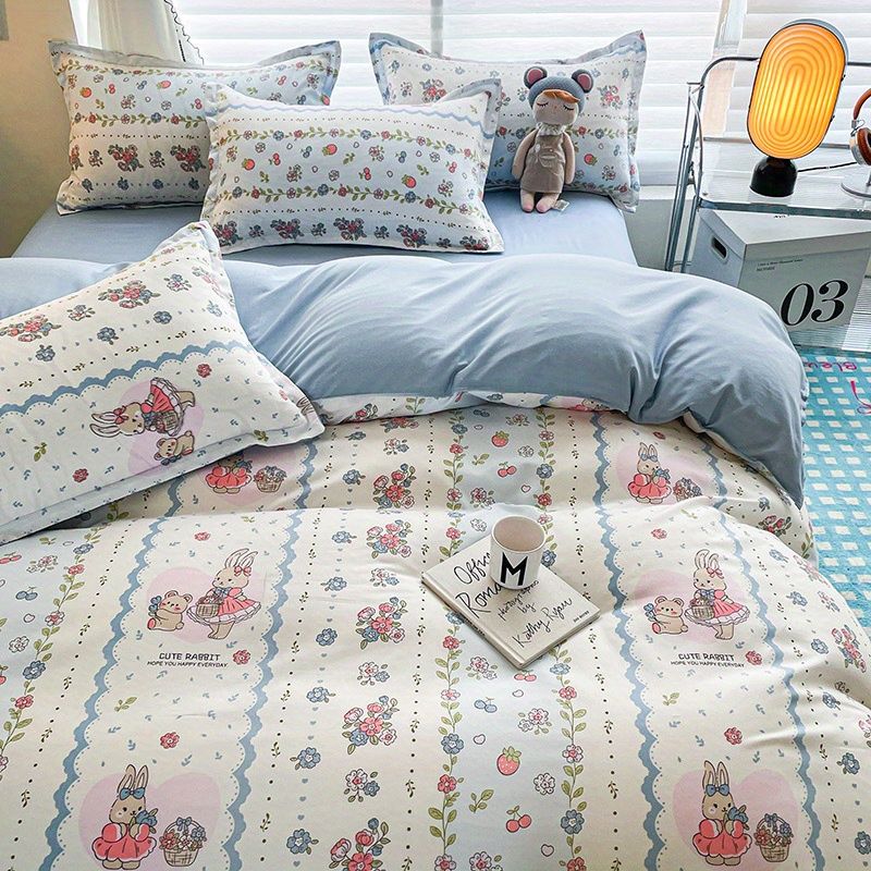 JazzHer Cute Cartoon Duvet Cover Set No Filler Ins Full Queen Size Comforter Cover Sheet Pillowcase Skin-friendly Girl Home Bedding Set