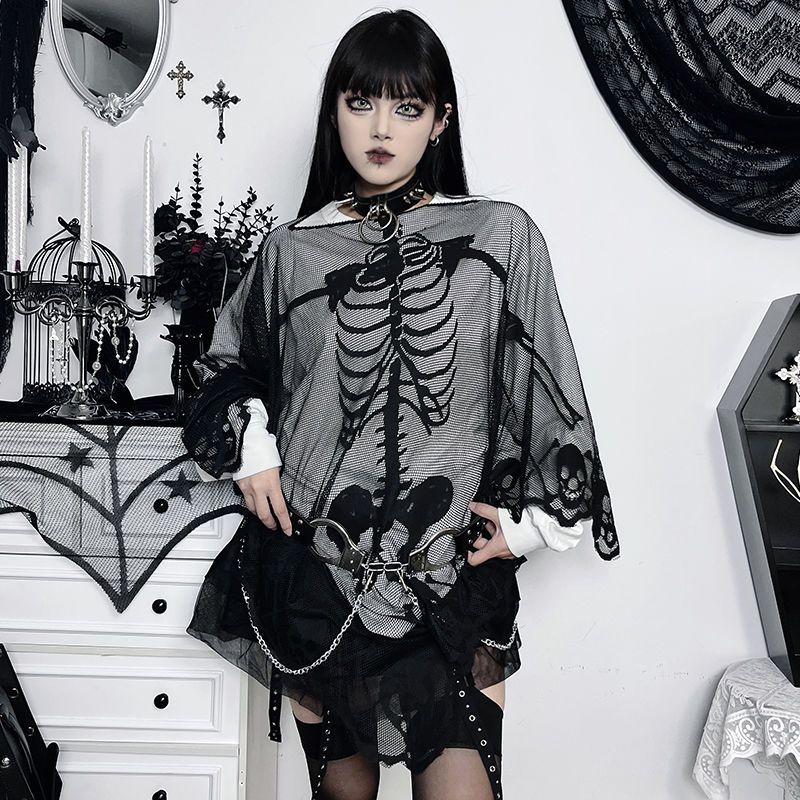JazzHer Skulls Streetwear Punk Loose Mesh Tops Gothic Girl Emo T shirts Casual Hip Hop Dark Grunge Vintage Clothes 90S Aesthetic Y2k Tee