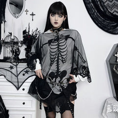 JazzHer Skulls Streetwear Punk Loose Mesh Tops Gothic Girl Emo T shirts Casual Hip Hop Dark Grunge Vintage Clothes 90S Aesthetic Y2k Tee