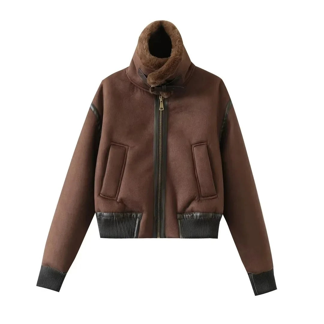 cold weather outfits JazzHer 2024 Winter New High-End FeelLamb Wool Jacket Women's Loose-Fit Leather Integrated Motorcycle Suit Thickened Cropped Cotton Coat