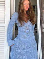 JazzHer Elegant Knit Hollow Out Long Dress Women Loose V-neck Full Sleeves See Through Beach Female Dresses 2024 Summer Lady Beach Robes