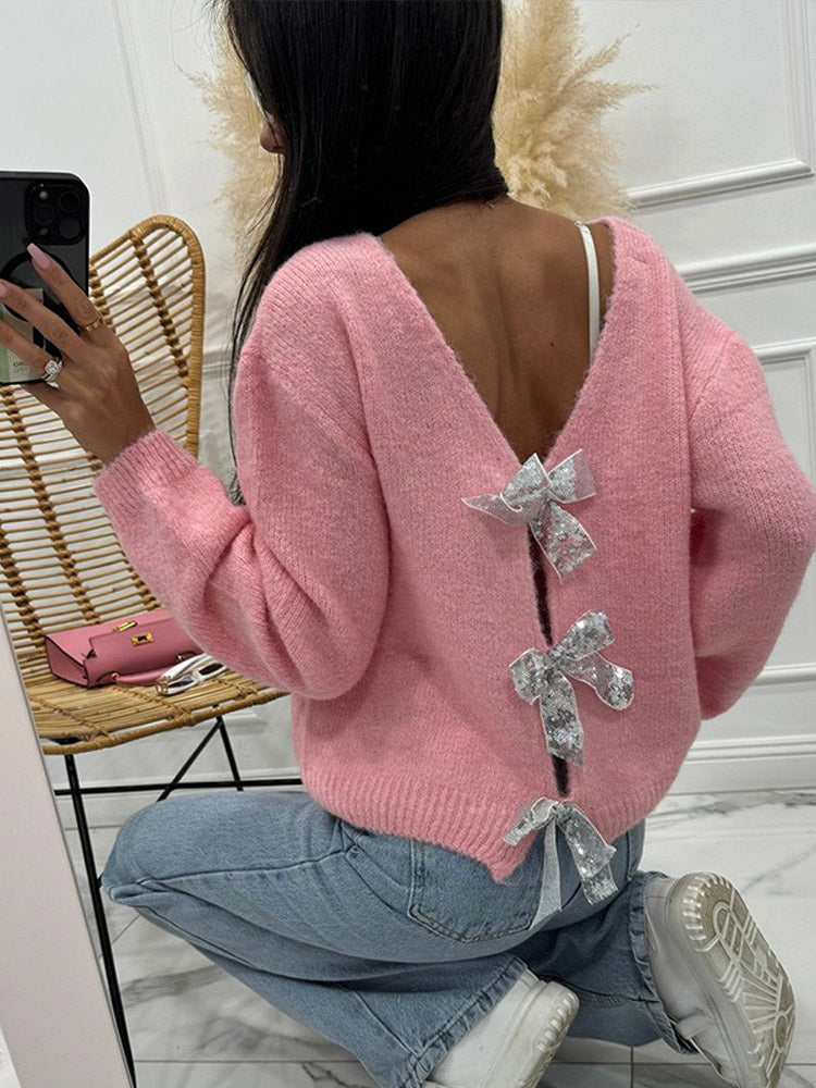 thanksgiving outfit JazzHer Knitted Bow Lace Up Sweaters Women Hollow Out Deep V-neck Long Sleeve Cardigans Female 2024 Autumn Solid Y2k Streetwear Lady