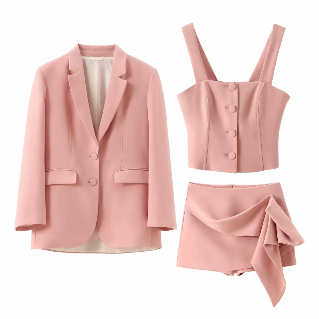 cold weather outfits JazzHer 2024 Spring Summer Solid Office Lady Suits Fashion Shrug Single Breasted Blazers+Short Slim Vests+Pleat Mini Short Skirts