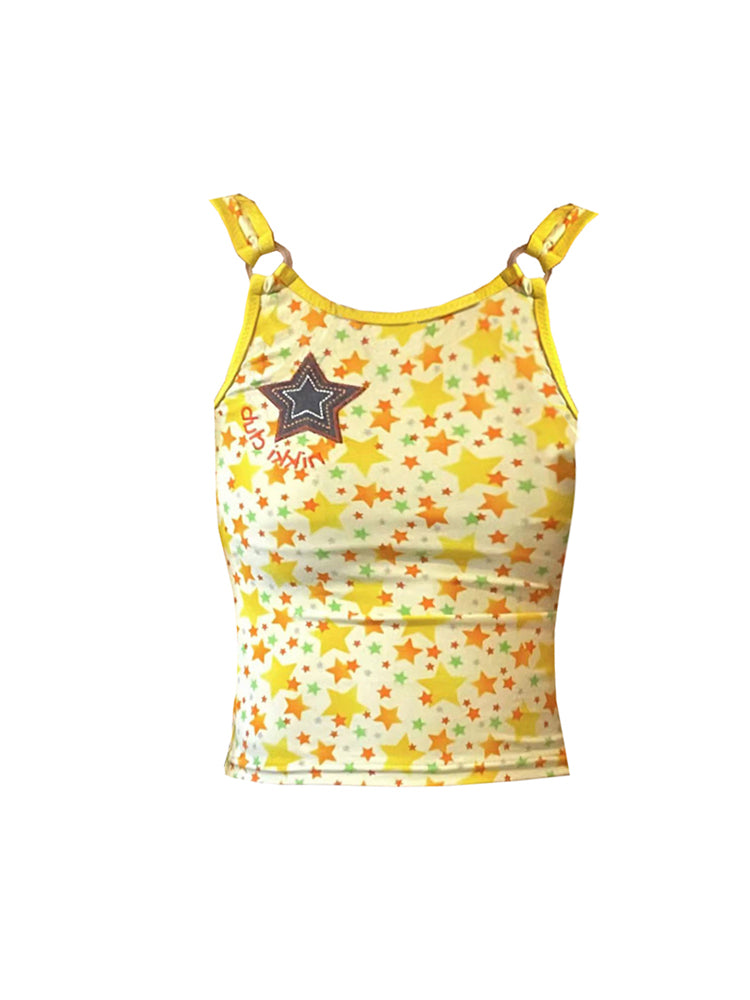 christmas outfit JazzHer Women Yellow Graphic Print Crop Top with Star Vest 90s Aesthetic Corset Top Sleeveless Off Shoulder Y2k Tank Tops 2000s Clothes