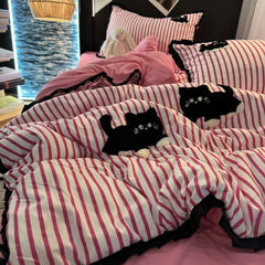 JazzHer Pink Striped Cat Embroidery Bedding Set Korean Style Washing Cotton Cute Cardboard Duvet Cover Bed Sheet Pillowcases 3/4pcs