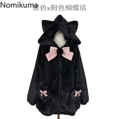 JazzHer Japanese Coat Winter Women Clothing Streetwear Thicked Furry Bow Thicked Outwear Y2k Tops 2025 Ropa Mujer Hooded Casual Jackets