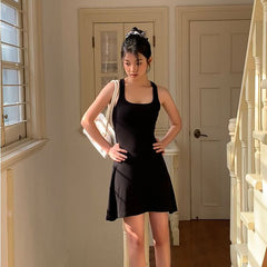 JazzHer 100% Cotton Sexy Backless Dress Women French Fashion Elegant A Line Mini Dress Summer Black Slim High Waist Vestidos New